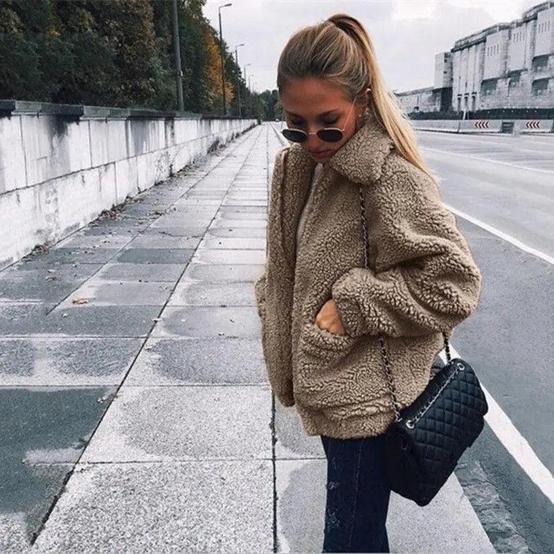 Stevvex teddy faux fur coat for women, beige plush oversized overcoat with pockets on Tampa Home & Garden Store