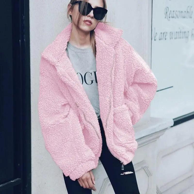 Faux fur coat pink teddy for women with zip front and pockets Stevvex on Tampa Home & Garden Store