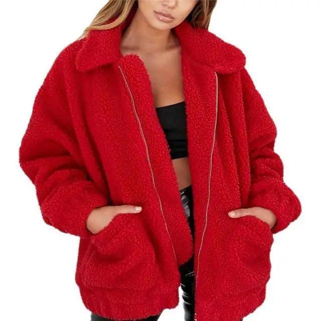 Stevvex red faux fur teddy coat for women with front zipper and large pockets overcoat on Tampa Home & Garden Store