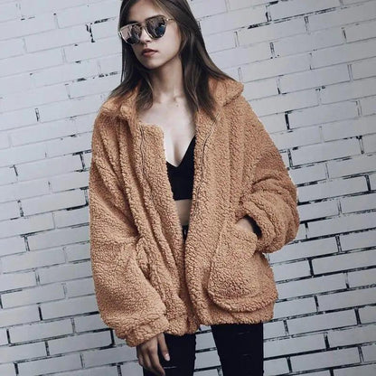 Durable autumn winter faux fur coat for women, oversized tan teddy jacket with pockets on Tampa Home & Garden Store
