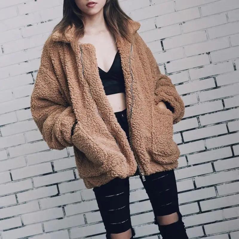 Teddy faux fur coat oversized brown with zip closure and large pockets for women on Tampa Home & Garden Store