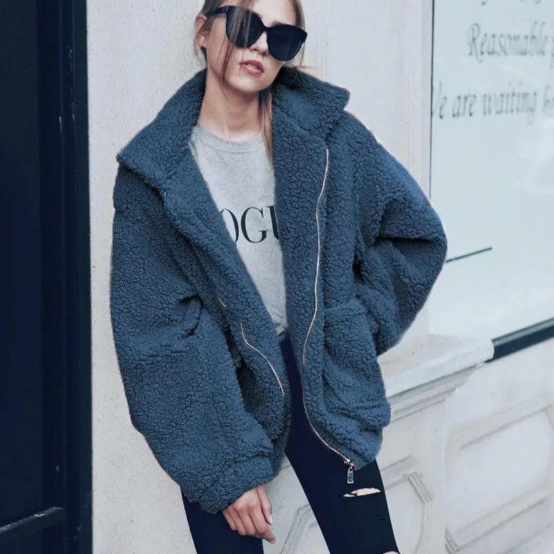 Stevvex navy faux fur teddy coat for women, oversized zip-front overcoat with pockets on Tampa Home & Garden Store