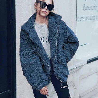 Stevvex navy faux fur teddy coat for women, oversized zip-front overcoat with pockets on Tampa Home & Garden Store