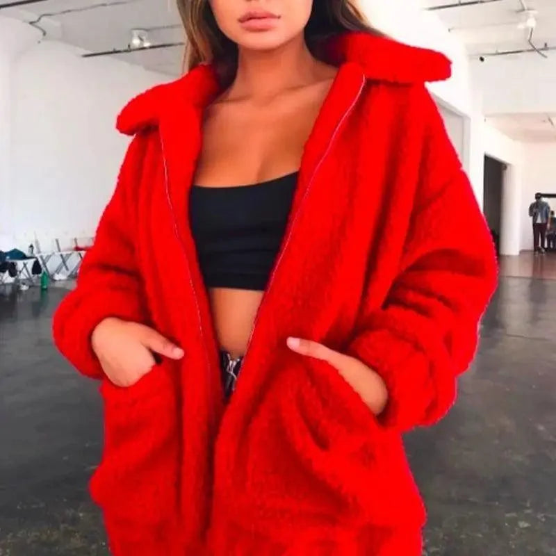 Durable autumn faux fur coat by Stevvex in red with zipper, plush teddy texture, pockets on Tampa Home & Garden Store