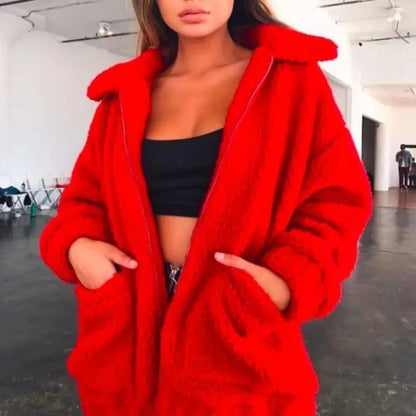 Durable autumn faux fur coat by Stevvex in red with zipper, plush teddy texture, pockets on Tampa Home & Garden Store