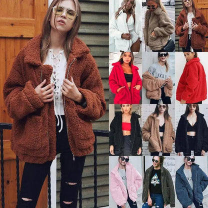 Stevvex faux fur coat for women teddy plush overcoats brown red beige black on Tampa Home & Garden Store