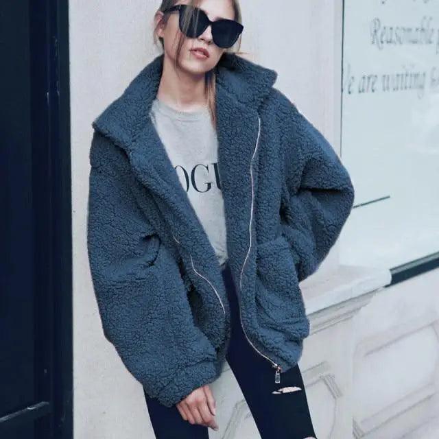 Stevvex blue faux-fur teddy coat for women, oversized plush overcoat with zipper pockets on Tampa Home & Garden Store