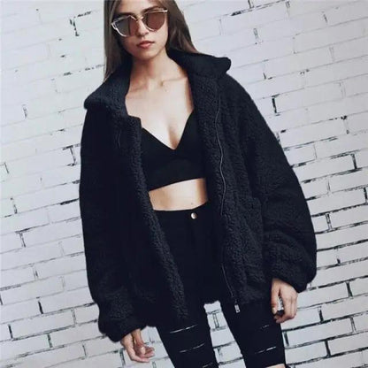 Stevvex black faux fur teddy coat with zip pockets, oversized overcoat on Tampa Home & Garden Store