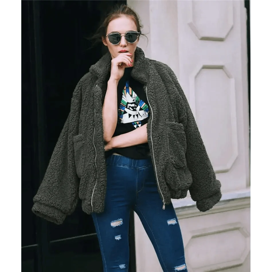 Stevvex teddy fur coat for women, oversized dark gray faux fur with zip-front and pockets on Tampa Home & Garden Store