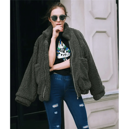 Stevvex teddy fur coat for women, oversized dark gray faux fur with zip-front and pockets on Tampa Home & Garden Store