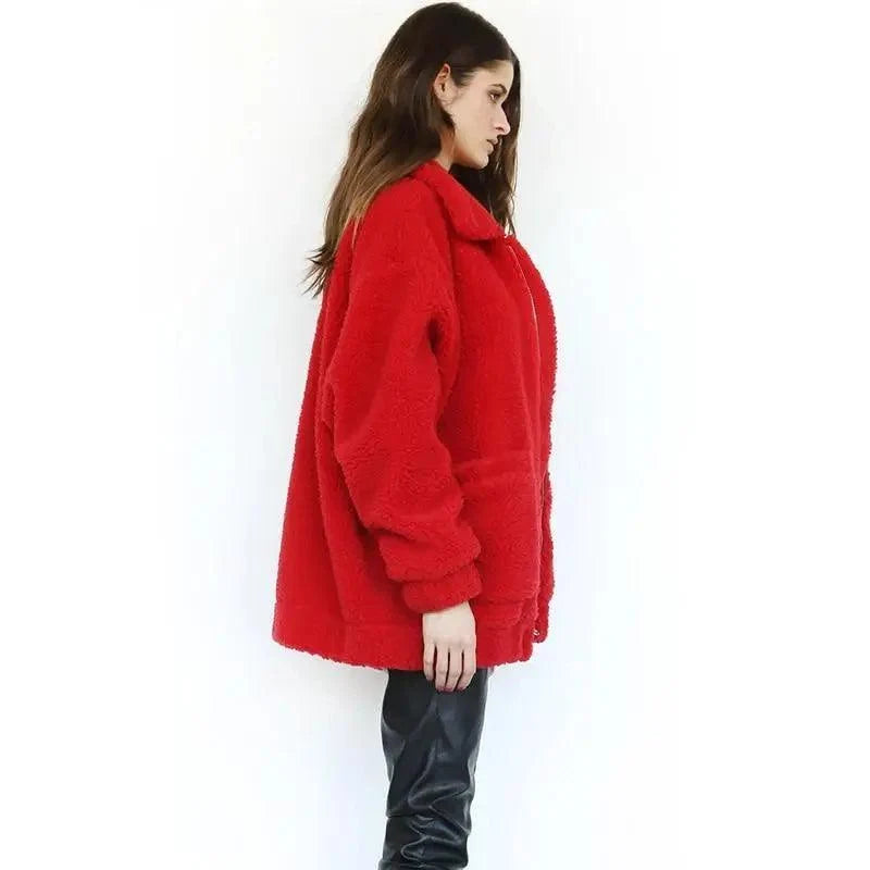 Stevvex red faux fur teddy coat oversized zip-front overcoat with pockets on Tampa Home & Garden Store