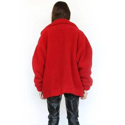Stevvex red faux fur teddy coat for women oversized plush overcoat with pockets on Tampa Home & Garden Store