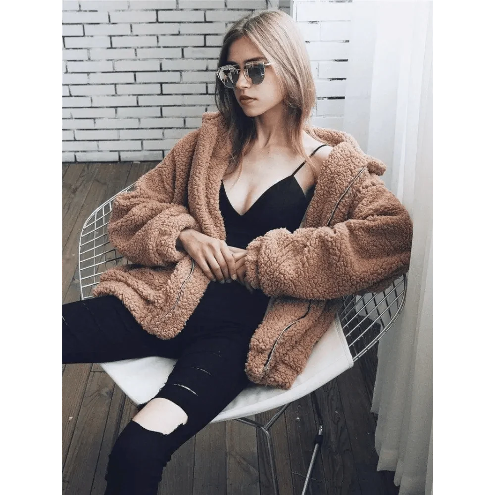 Stevvex teddy faux fur coat, tan plush overcoat with zipper pockets on Tampa Home & Garden Store