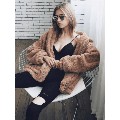 Stevvex teddy faux fur coat, tan plush overcoat with zipper pockets on Tampa Home & Garden Store