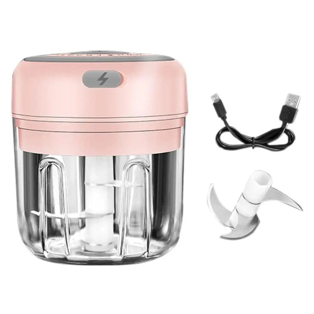 Stevvex electric garlic press mini food crusher pink top clear jar USB cable included on Tampa Home & Garden Store