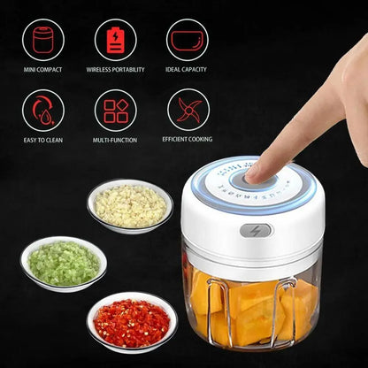 Stevvex electric garlic press and mini vegetable chopper in white with a clear jar on Tampa Home & Garden Store