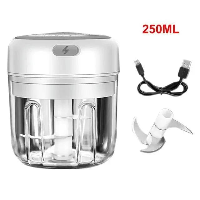 Stevvex silver electric garlic press and chopper with 250ml capacity USB cable and blades on Tampa Home & Garden Store