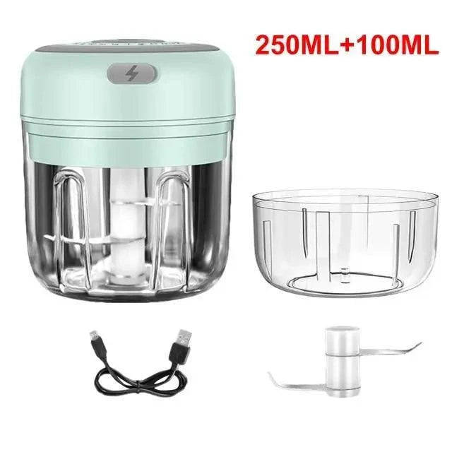Stevvex electric garlic press and chopper mint green top, clear 250ML+100ML jar, USB cable kit on Tampa Home & Garden Store