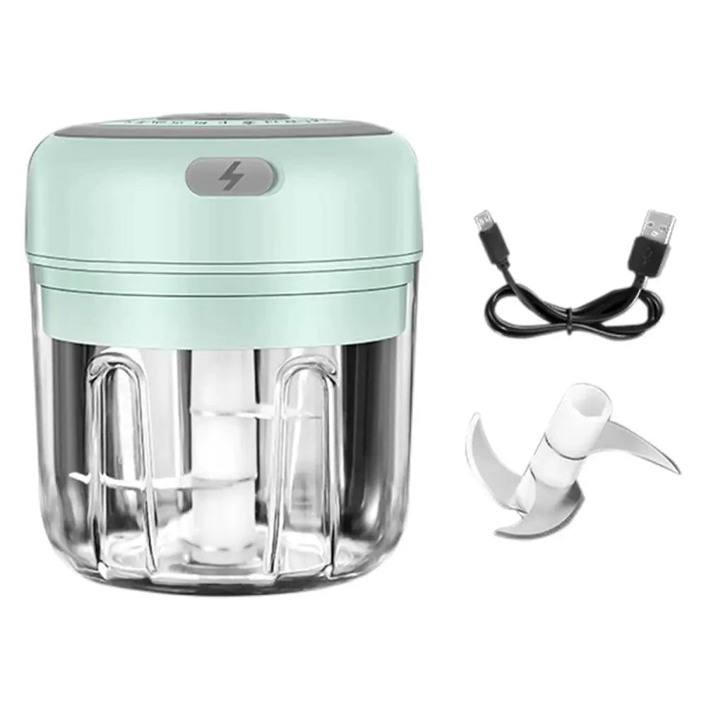 Electric mini garlic press and vegetable chopper in mint green with clear jar and USB cable on Tampa Home & Garden Store