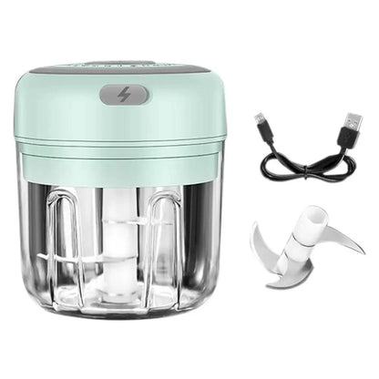 Electric mini garlic press and vegetable chopper in mint green with clear jar and USB cable on Tampa Home & Garden Store