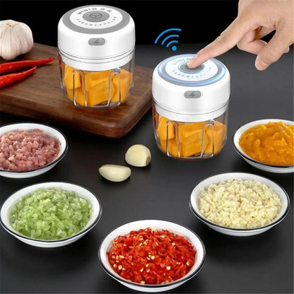 Electric garlic press mini chopper by Stevvex, 2-pack, white with transparent jars on Tampa Home & Garden Store