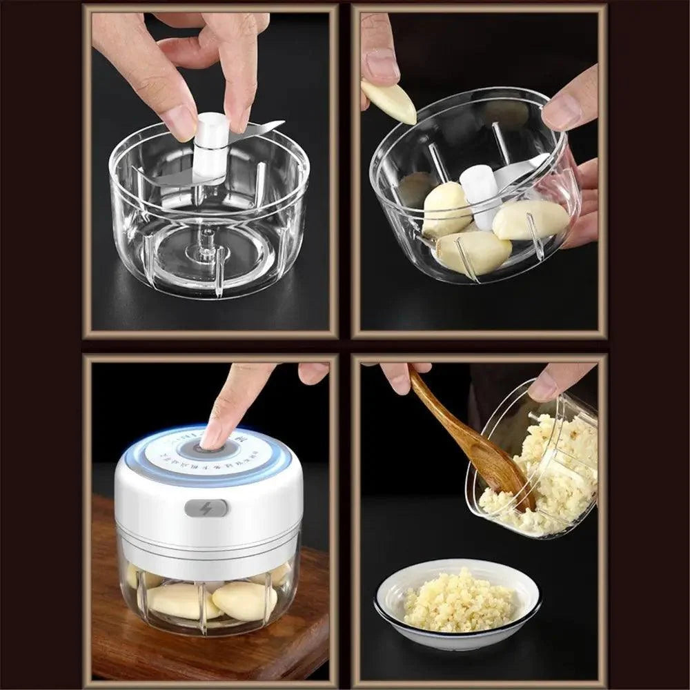 Stevvex electric garlic press with clear jar for garlic prep on Tampa Home & Garden Store