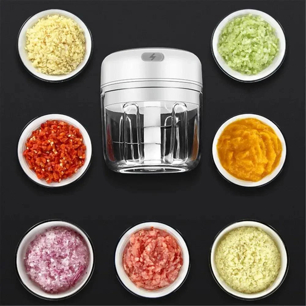 Stevvex electric garlic press with clear chamber, bowls of crushed garlic, ginger and chili on Tampa Home & Garden Store