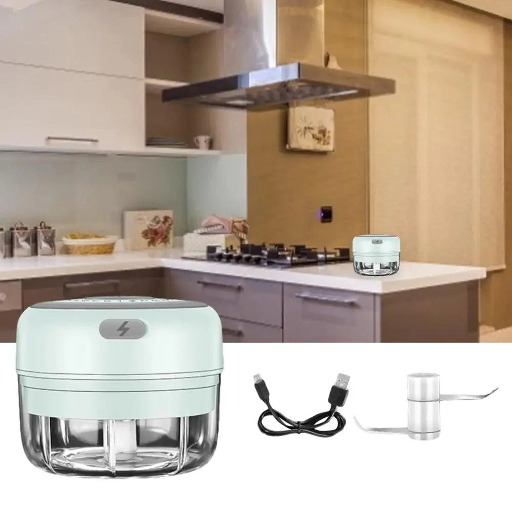 Stevvex mint green electric garlic press and mini chopper with USB cable on kitchen counter on Tampa Home & Garden Store
