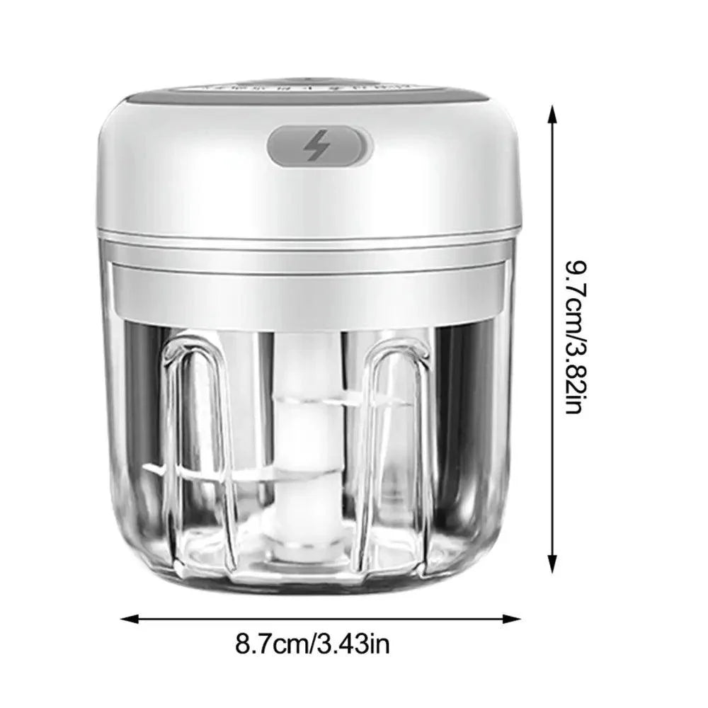Stevvex durable electric garlic press and vegetable chopper with clear jar and silver top on Tampa Home & Garden Store