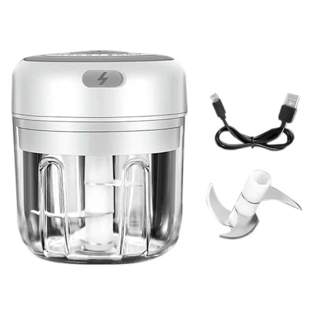 Stevvex electric garlic press with clear chopper jar, USB cable and extra blade on Tampa Home & Garden Store