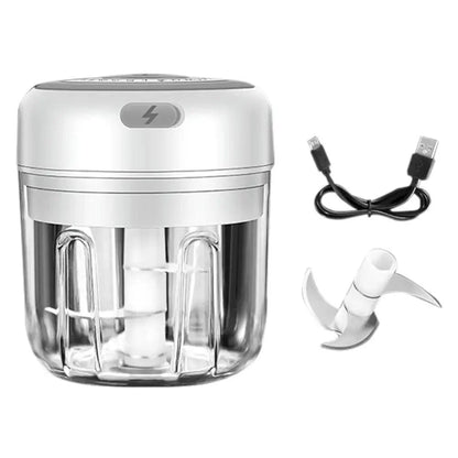 Stevvex electric garlic press with clear chopper jar, USB cable and extra blade on Tampa Home & Garden Store