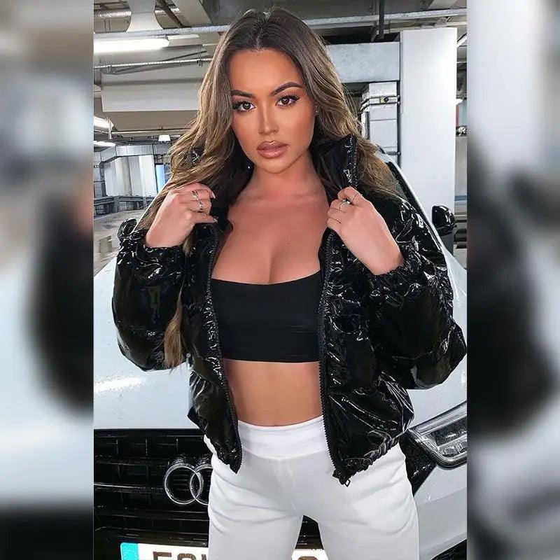 Puffer jacket Stevvex black faux PU leather bubble zip front for women glossy outerwear on Tampa Home & Garden Store