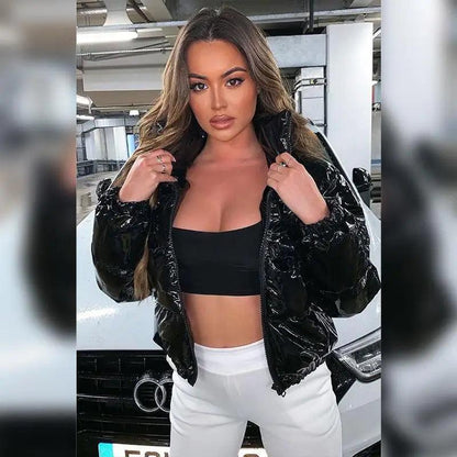 Puffer jacket Stevvex black faux PU leather bubble zip front for women glossy outerwear on Tampa Home & Garden Store