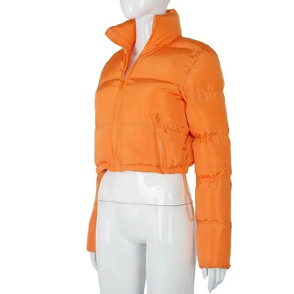 Stevvex orange faux PU leather bubble puffer jacket for women with front zipper, slim fit on Tampa Home & Garden Store