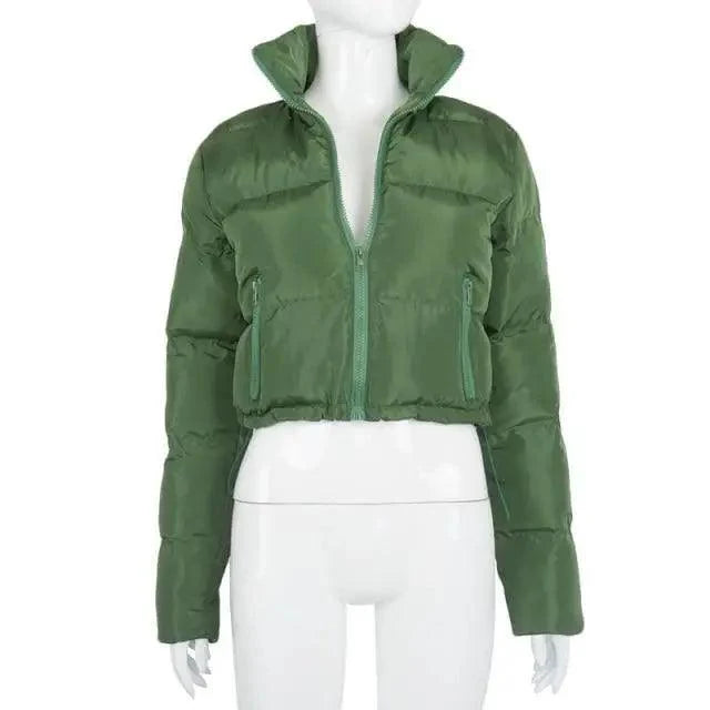 Stevvex green cropped faux PU leather bubble puffer jacket with zip and pockets on Tampa Home & Garden Store
