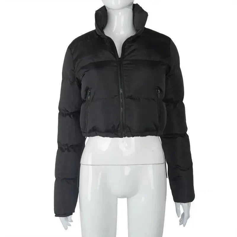 Stevvex black faux PU leather bubble puffer jacket cropped with zip-front stand collar for women on Tampa Home & Garden Store