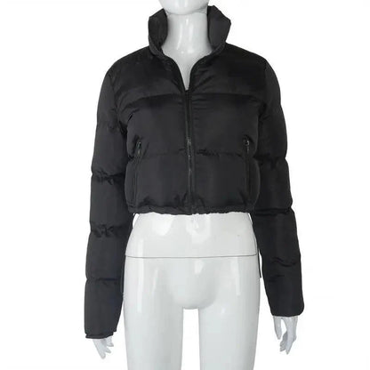 Stevvex black faux PU leather bubble puffer jacket cropped with zip-front stand collar for women on Tampa Home & Garden Store
