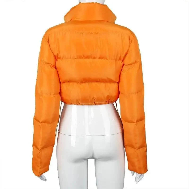 Stevvex orange faux PU leather bubble puffer jacket cropped, long sleeves, zip closure on Tampa Home & Garden Store
