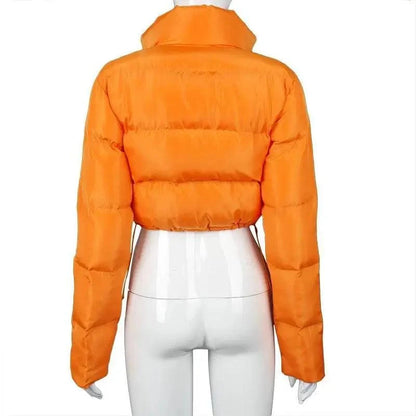 Stevvex orange faux PU leather bubble puffer jacket cropped, long sleeves, zip closure on Tampa Home & Garden Store