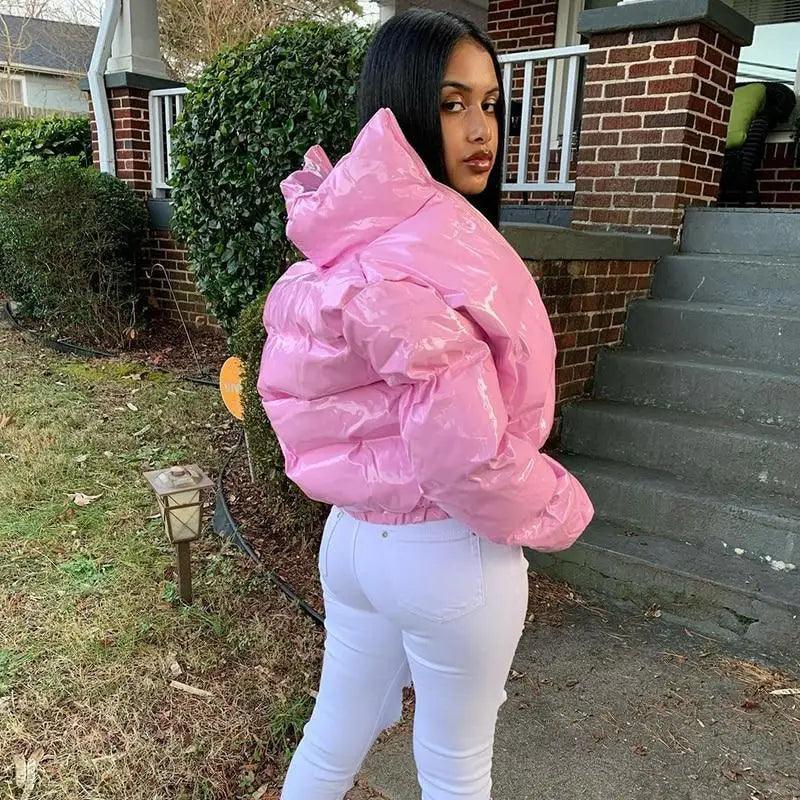 Pink Stevvex faux PU leather bubble puffer jacket for women, glossy quilted coat with hood on Tampa Home & Garden Store