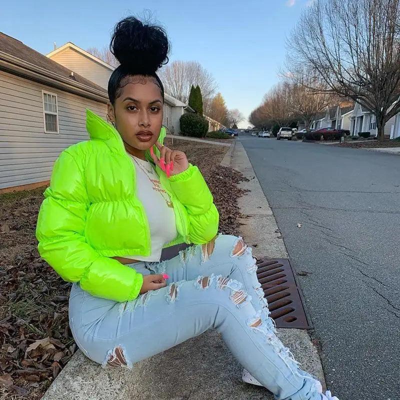 Women’s neon lime faux PU leather bubble puffer jacket with zipper by Stevvex on Tampa Home & Garden Store