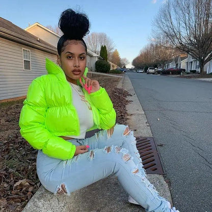 Women’s neon lime faux PU leather bubble puffer jacket with zipper by Stevvex on Tampa Home & Garden Store