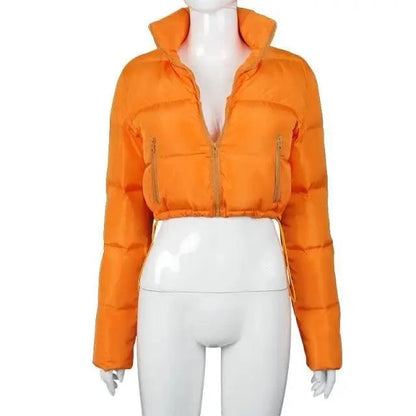 Puffer jacket Stevvex, cropped orange faux PU leather bubble style with zip pockets on Tampa Home & Garden Store