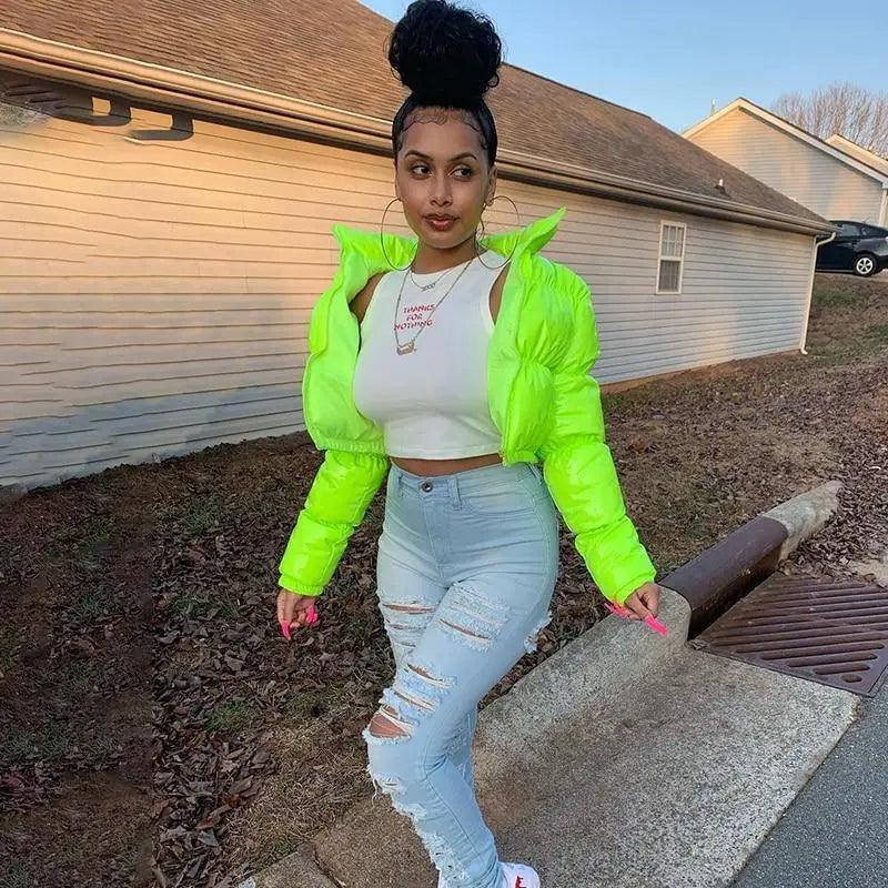 Stevvex neon lime faux PU leather bubble puffer jacket for women with zipper on Tampa Home & Garden Store