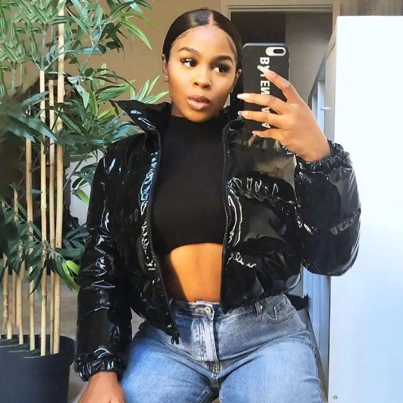 Stevvex faux PU leather bubble puffer jacket in black with zip front cropped for women on Tampa Home & Garden Store
