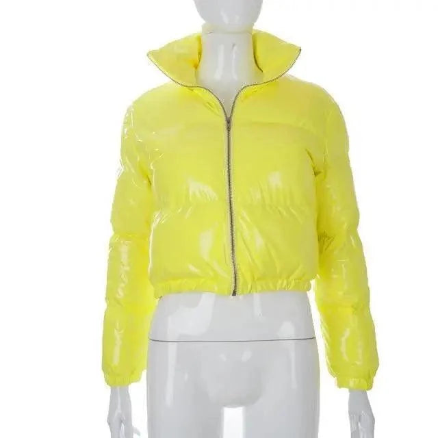 Stevvex neon yellow faux PU leather bubble puffer jacket cropped zip-up outerwear on Tampa Home & Garden Store