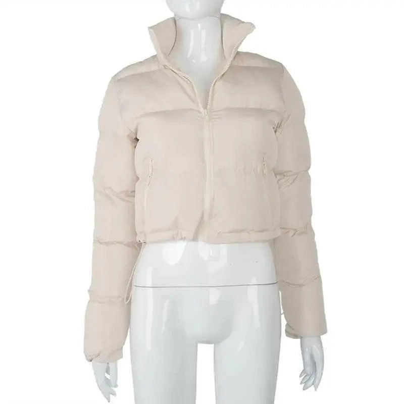 Stevvex beige faux PU leather bubble puffer jacket cropped with zipper long sleeves on Tampa Home & Garden Store