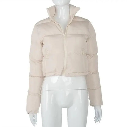 Stevvex beige faux PU leather bubble puffer jacket cropped with zipper long sleeves on Tampa Home & Garden Store