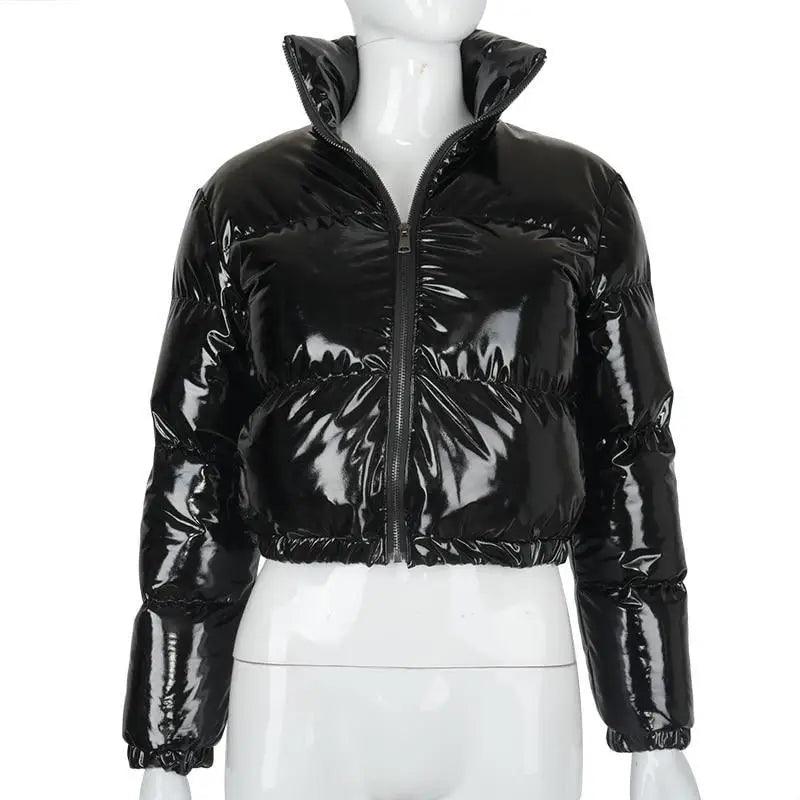 Stevvex black faux PU leather bubble puffer jacket cropped with zip front and elastic cuffs on Tampa Home & Garden Store