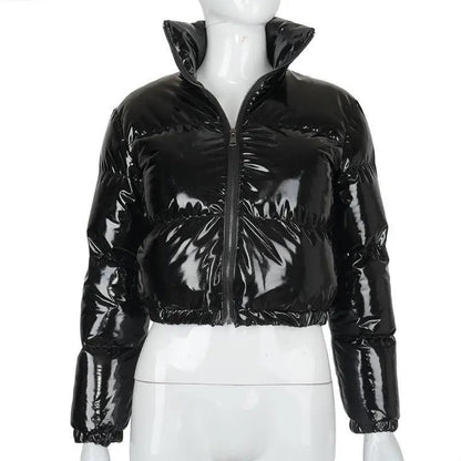Stevvex black faux PU leather bubble puffer jacket cropped with zip front and elastic cuffs on Tampa Home & Garden Store